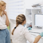 Imagem de duas mulheres olhando na tela de um computador. Um delas está em pé e a outra sentada.