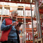 Trabalhador de armazém verificando estoque com tablet